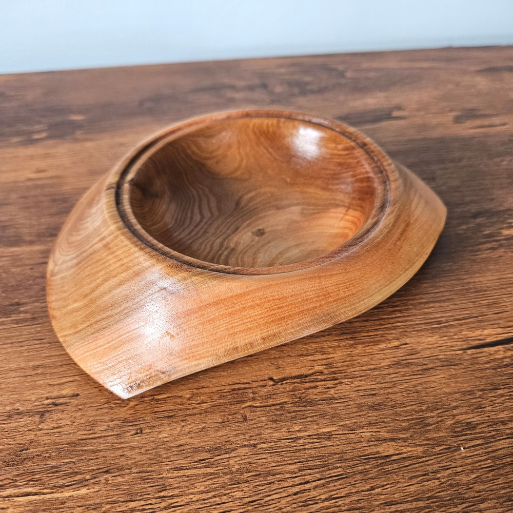 Artisan Hand Turned Elm Wood Trinket Bowl Ashtray Signed C Walker Organic Modern